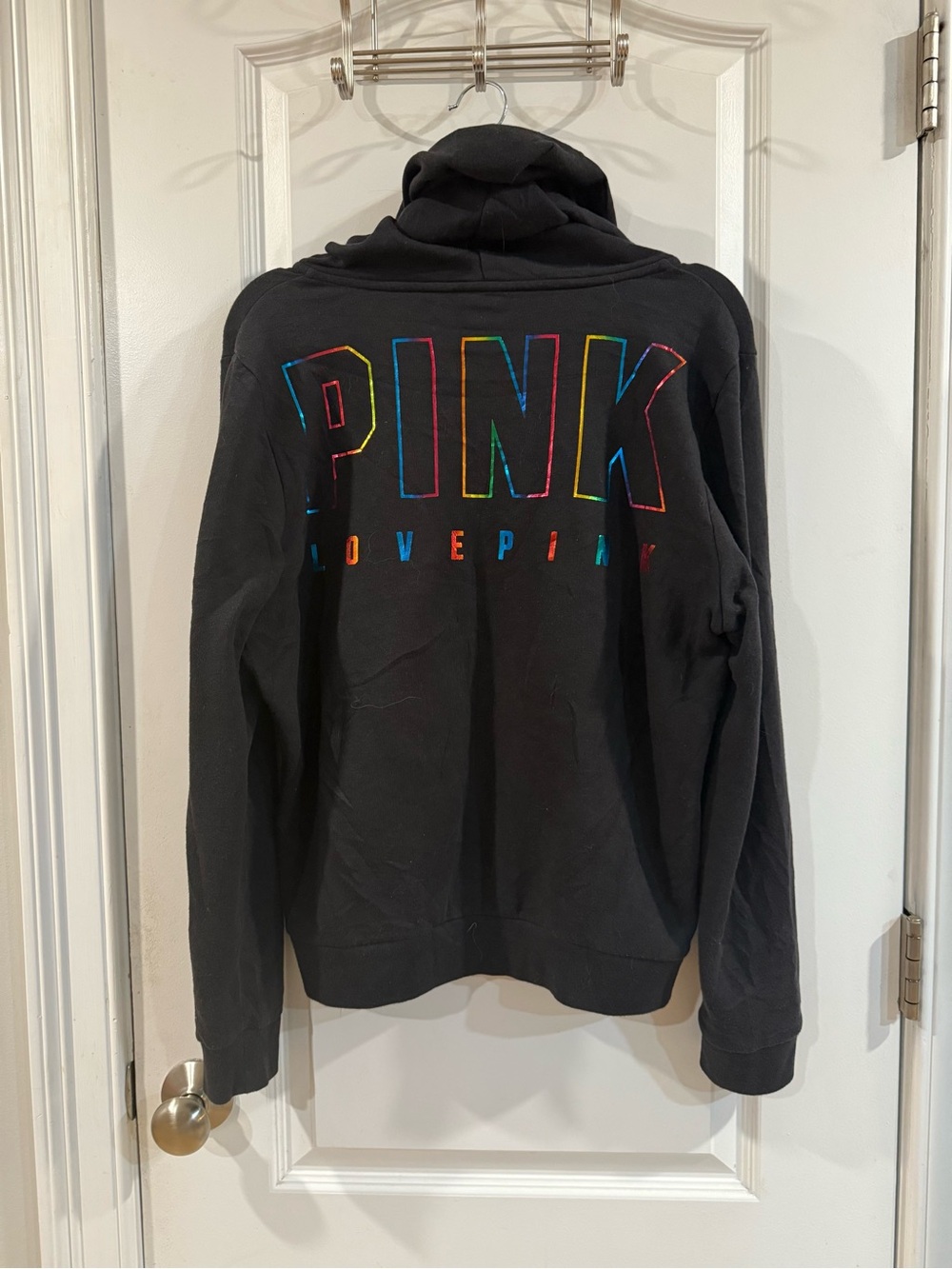 PINK Victoria's Secret Black Zip-Up Hoodie with Colorblock Logo - Picture 5 of 9